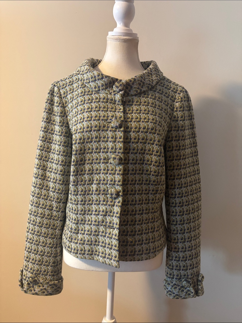 J McLaughlin Wool Textured Green Blue Tweed Collared Jacket. Size Small